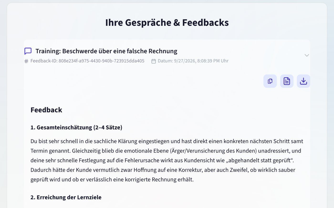 Auswertung eines Konfliktgesprächs: Gesamteinschätzung und Erreichung der Lernziele, mit Zitaten aus dem Gespräch